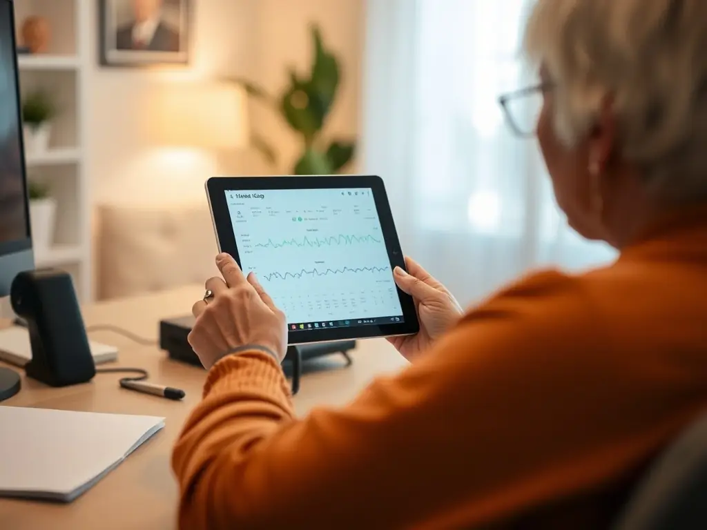 A patient accessing EEG data on a tablet in a comfortable home environment.