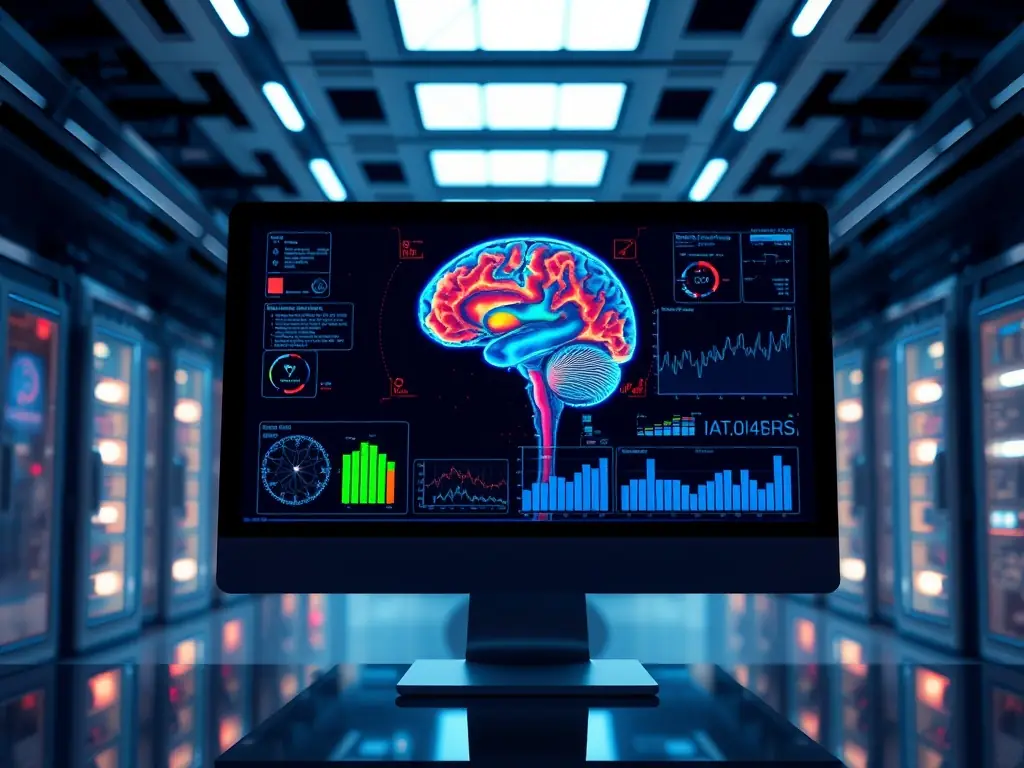 A brain scan displayed on a computer screen with colorful data overlays in a high-tech laboratory.